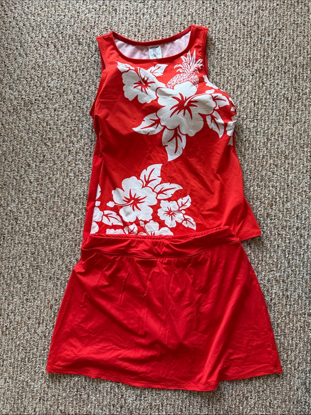 Lands' End Sunset Orange Floral Tankini with White Hibiscus Print